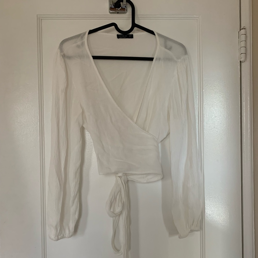 White Linen Blend Wrap Shirt